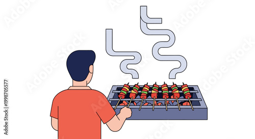 Man grilling skewers on barbecue.
