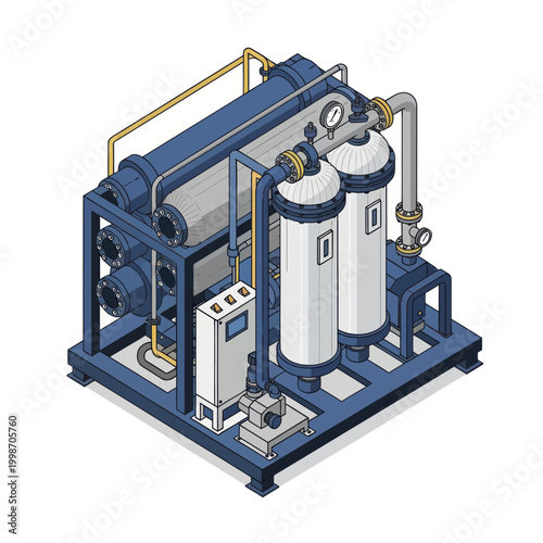 Isometric Industrial Water Treatment System for Purification and Filtration.