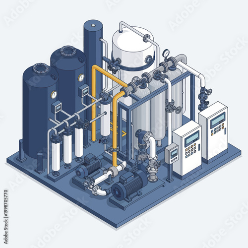 Isometric Industrial Water Treatment Plant with Tanks and Pumps.