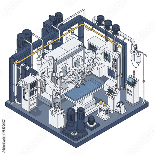 Isometric view of a high-tech medical operating room with advanced robotic surgery equipment.