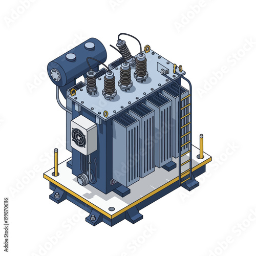 Isometric view of a large industrial power transformer for electricity distribution.