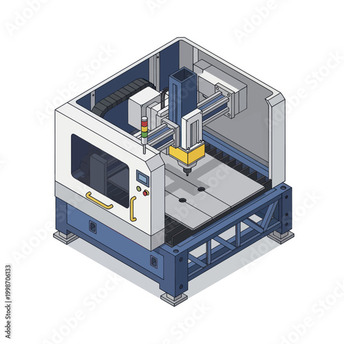 Isometric view of a modern CNC milling machine for precision manufacturing.
