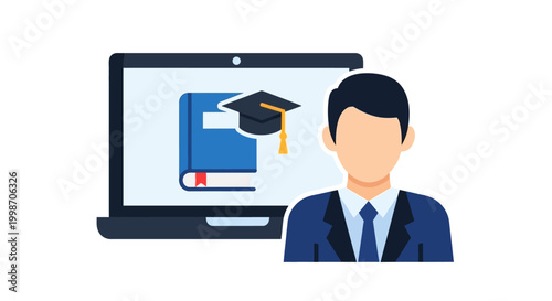 Laptop screen with blue book for online education and digital learning concepts, flat vector illustration