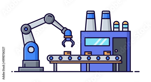 Industrial robotic arm for automated assembly line manufacturing in a factory, flat vector illustration