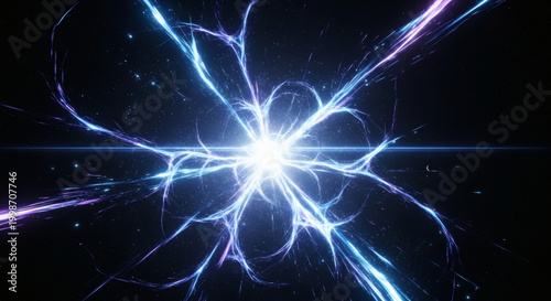 Dynamic illustration of a luminous core radiating vibrant blue and purple energy strands, symbolizing digital connection, scientific breakthrough, or an abstract data network