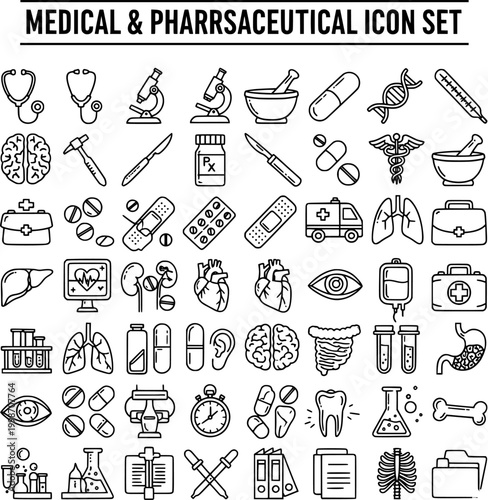 Comprehensive Medical and Pharmaceutical Icon Set in Line Art Style, featuring Healthcare, Anatomy, Lab Equipment, and Drug Symbols