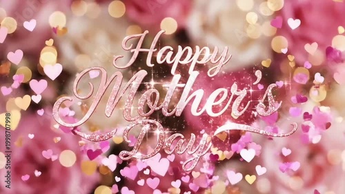 Happy Mothers Day Celebration with Pink Roses and Bokeh Lights.