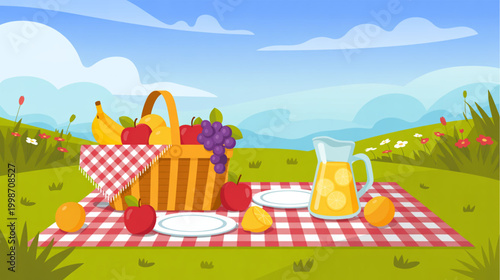 Picnic, outdoor, summer, vector illustration, red and white checkered blanket, basket, fruits, drinks, green grass, sunny landscape