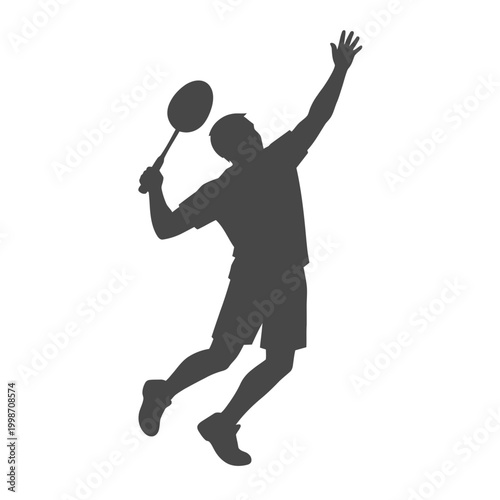 A sharp 2D flat vector design of a faceless badminton player shown from the back in a dynamic serving pose