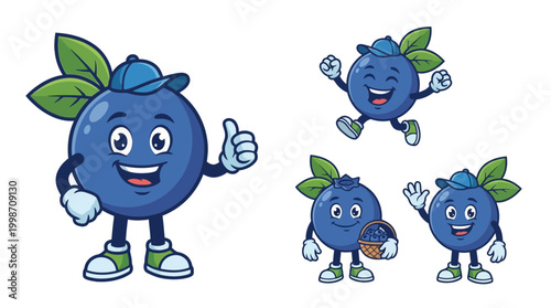 Collection of charming cartoon blueberry characters, each expressing joy and positive emotions like happiness and contentment, healthy eating, nutrition, and playful designs, fruity theme