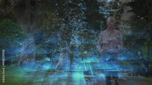 Female jogger moving toward camera while holo fitness network appearing, overlay rippling underfoot