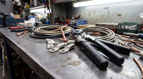 Close-up heavy-duty cable lugs and crimping tool on worn metallic workbench for industrial electrical installation projects
