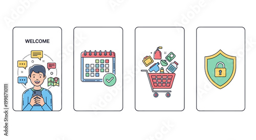Set of four smartphone screens showing online shopping and security concepts.