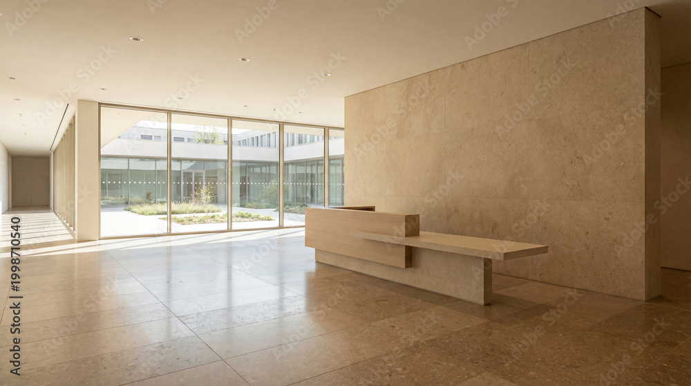 Fototapeta premium University foyer with premium architectural restraint and muted beige palette including terrazzo detailing