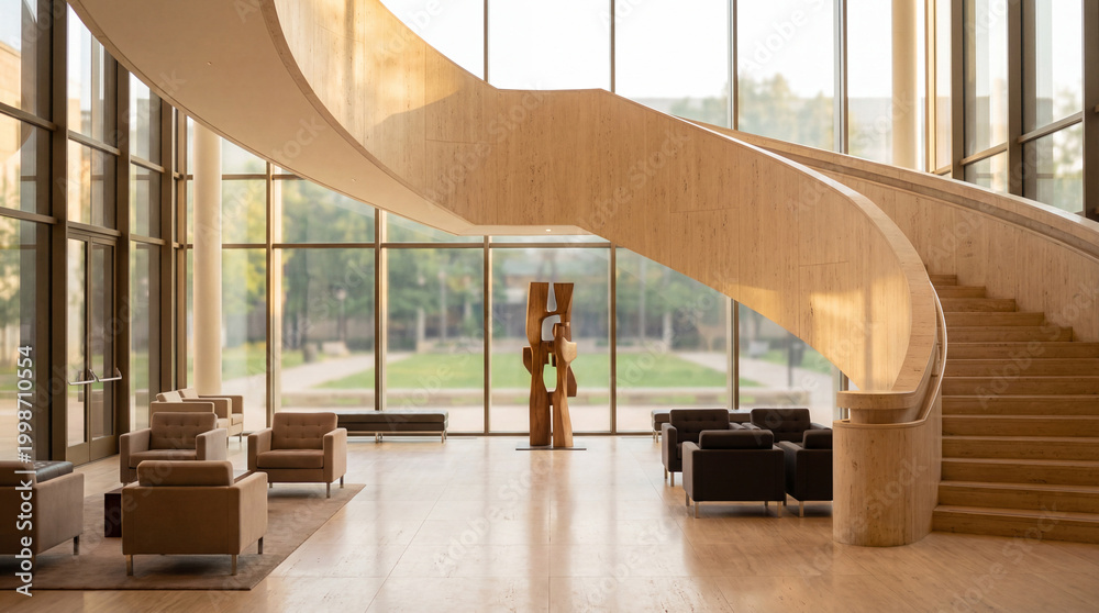 Fototapeta premium University foyer with high-value architecture including travertine stair ribbons and bright natural light flow