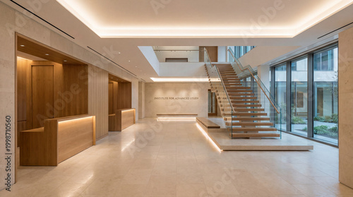 University foyer embracing luxury minimalism with honed limestone and refined wood joinery design elements