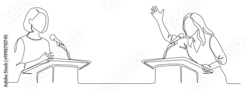 a continuous line drawing of two women arguing at an event. a continuous line vector drawing on a white background