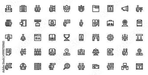 Human Resources icon set. Vector illustrations for HR, hiring, employees, career, contract, salary, training and more. Editable line icons collection.