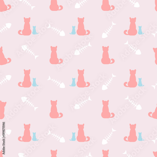 Pinky Cat and Fish Bone Seamless Pattern for pet shop wallpaper, Cute Pet Fabric and Background Design