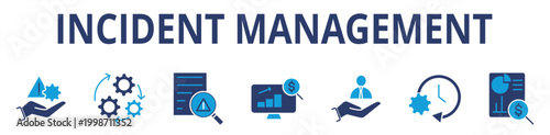 Incident management web banner icon set flat outline multistyle color vector illustrations concept line icons including incident, process, detection, analysis, initial support, restore, reporting
