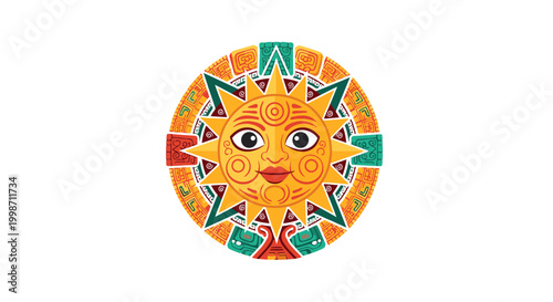 Aztec Sun Symbol Illustration with Face and Geometric Patterns