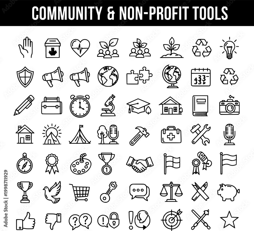 Fototapeta premium Community and Non-Profit Tools Line Art Icons Set for Social Good and Charity Organizations