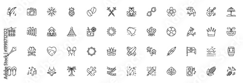 Brazilian Carnival icon set. Vector illustration pack featuring Berimbau, Dancer, Mask, Fireworks, Samba, Music, Feather, Caipirinha, Brazil flag and more.