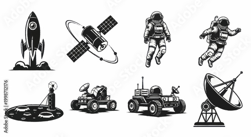 Space Exploration Elements Set with Astronauts and Rovers.