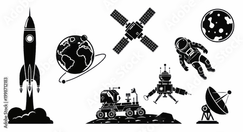 Space exploration elements set with rocket astronaut and planets.