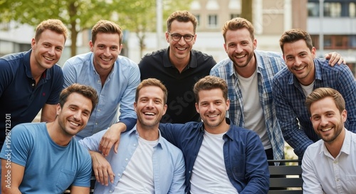 Group of Happy Men Smiling Together Outdoors.