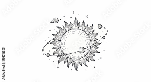 Stylized Sun with Orbiting Planets and Stars Illustration.
