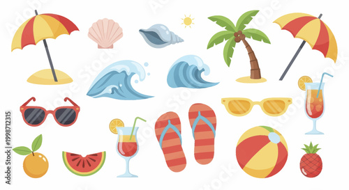 Summer Beach Vacation Essentials Collection with Umbrellas, Waves, and Tropical Fruits.