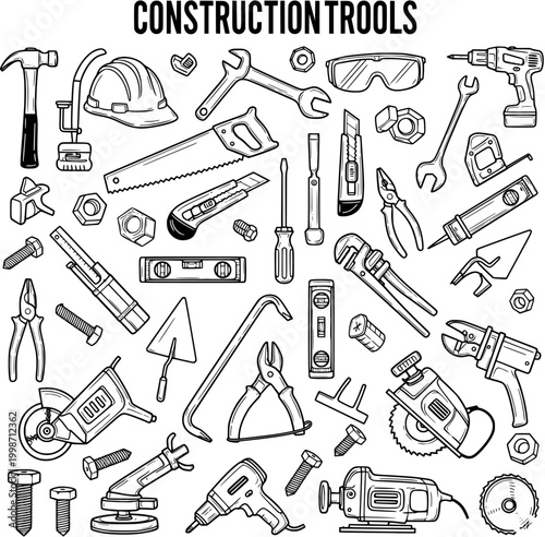 Comprehensive set of essential construction and handyman tools in a detailed black and white outline vector illustration, including power and manual equipment.