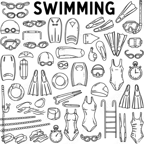 Hand-drawn outline doodle set of swimming equipment and accessories, vector collection of pool gear and swimwear