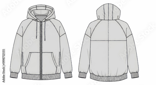 Technical Drawing of a Gray Hoodie with Zipper and Pockets.