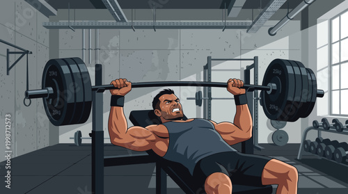 Muscular Man Performing Bench Press in Gym with Heavy Barbell Intense