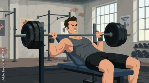 Muscular Man Performing Bench Press Exercise in Vintage Gym Intense Wo