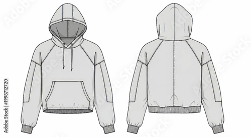 Technical fashion illustration of a cropped hoodie with raglan sleeves and a front pouch pocket.
