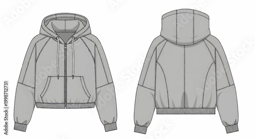 Technical fashion illustration of a cropped zip-up hoodie for women.