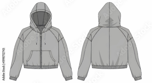 Technical fashion illustration of a cropped zip-up hoodie.