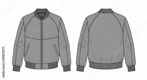 Technical fashion illustration of a mens bomber jacket design.