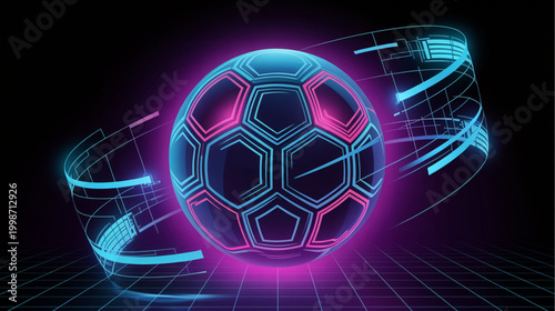 Neon Soccer Ball, Futuristic Sports Icon, Glowing Blue Pink Football, Vector Sports Graphic