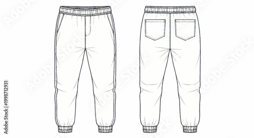 Technical sketch of mens jogger pants with elastic waistband and cuffs.