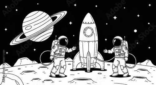 Two Astronauts and a Rocket on a Lunar Landscape.