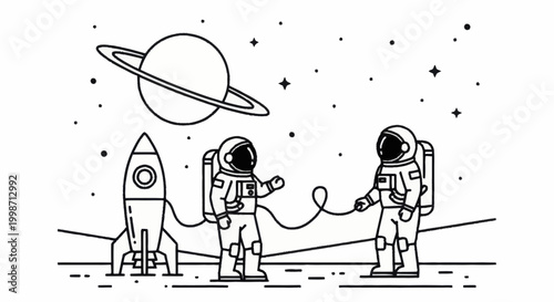 Two astronauts in space suits standing on a planet surface with a rocket and Saturn in the background.