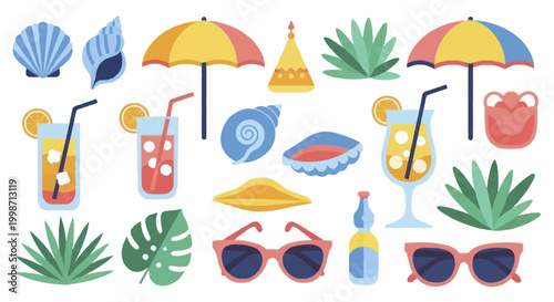 Vibrant Collection of Summer Beach Vacation Essentials and Tropical Elements.