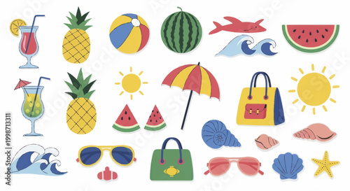 Vibrant Summer Vacation Essentials Collection with Tropical Fruits and Beach Accessories.