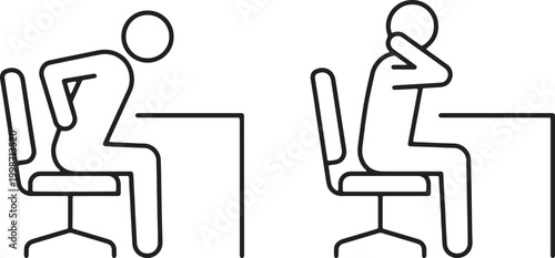 Web, Office worker sitting on chair suffering from back and neck pain outline icon for bad posture.
