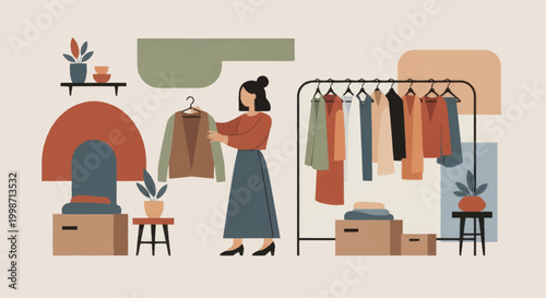 Woman choosing clothes from a rack in a minimalist boutique setting.
