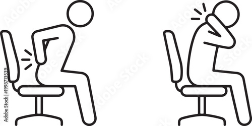 Web, Office worker sitting on chair suffering from back and neck pain outline icon for bad posture.